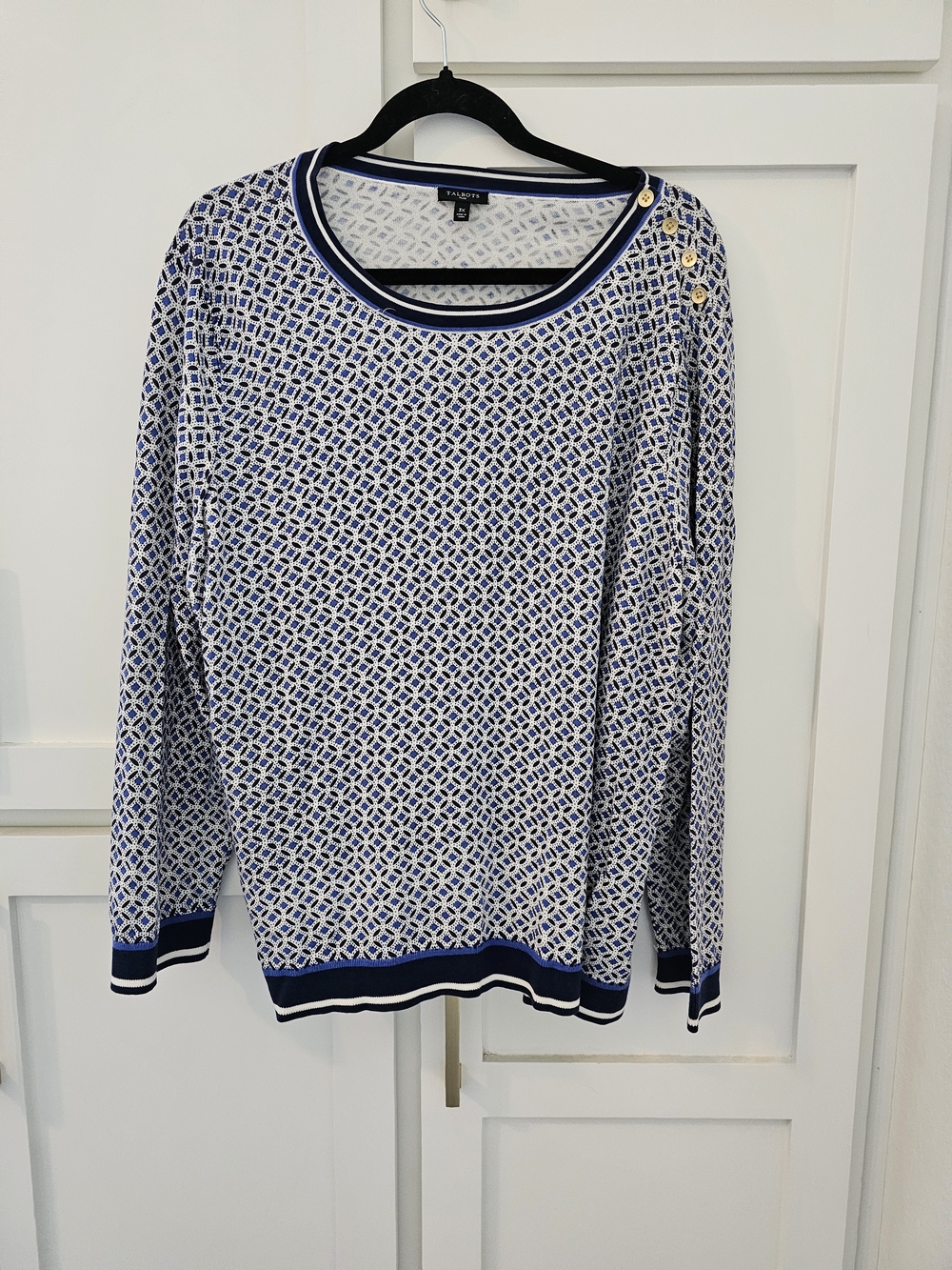 Talbots Blue & White Geometric Crewneck Sweater with Shoulder Buttons